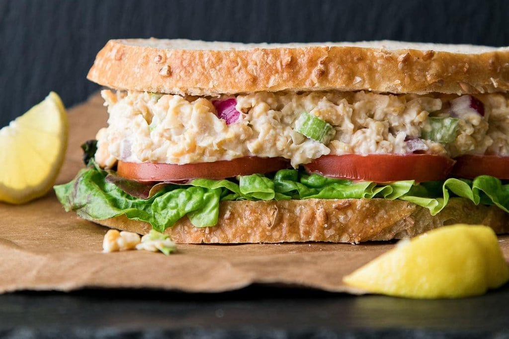 Plant-Based Tuna Salad on a sandwich without seafood