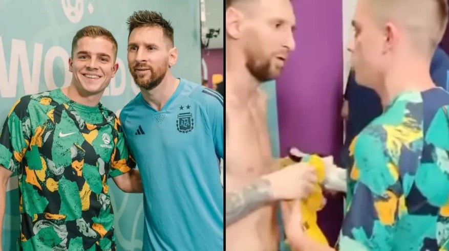 Messi and Devlin posing with the jersey