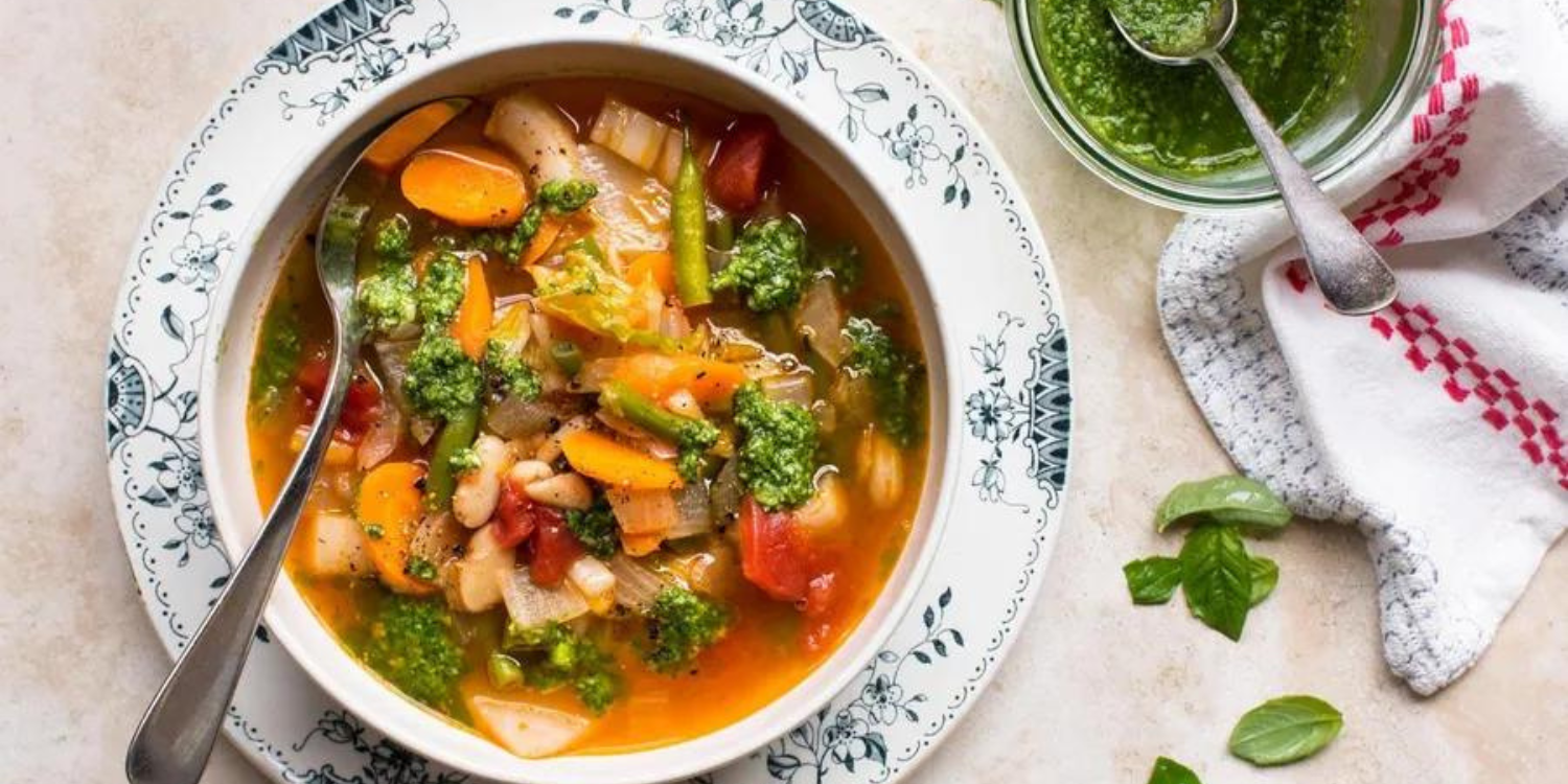 Vegetable Soup with Carrot Top-Pumpkin Seed Pistou for Every Season