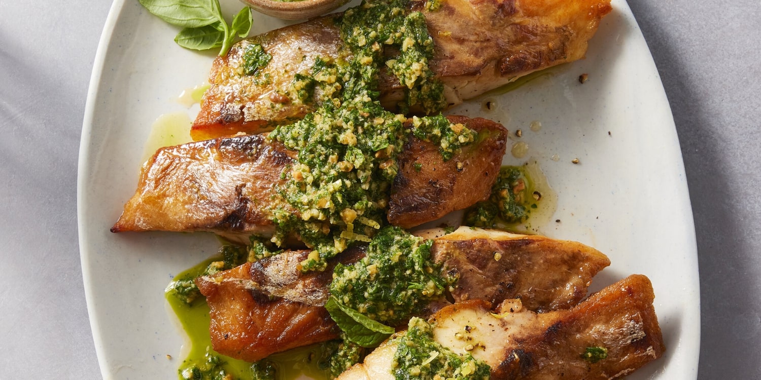 Try This Roasted Fish and Peppers With Chickpea Pesto Recipe